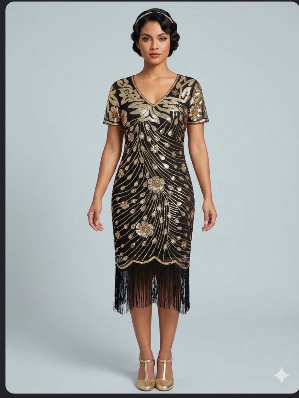 NWT Yessa 1920s Flapper Dress - Black & Gold Sequin Fringe Gatsby Party Dress XL